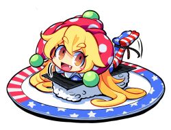 Rule 34 | 1girl, american flag, american flag print, animated, animated gif, blonde hair, blush, chibi, clownpiece, fang, flag print, long hair, looking at viewer, open mouth, pantyhose, ranka (tonbo), red eyes, smile, solo, touhou