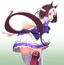 Rule 34 | 1girl, animal ears, ass, blouse, blush, brown hair, commentary request, cuon (kuon), from behind, gradient background, horse ears, horse girl, horse tail, leaning forward, leg up, looking at viewer, looking back, miniskirt, multicolored hair, open mouth, outstretched arms, pleated skirt, purple eyes, purple shirt, ribbon, school uniform, shirt, shoes, short hair, skirt, solo, special week (umamusume), standing, standing on one leg, tail, thighhighs, two-tone hair, umamusume, white thighhighs, zettai ryouiki