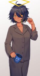 Rule 34 | 1girl, absurdres, agame-san (agamemega), agamemega, arm up, blue hair, blush, breasts, buttons, cleavage, coffee mug, collarbone, commentary request, cowboy shot, cup, dark blue hair, gradient background, hair between eyes, halo, highres, holding, light blush, long sleeves, looking at viewer, mug, multicolored hair, original, pajamas, rectangular halo, short hair, simple background, smile, smiley face, solo, streaked hair, yellow eyes