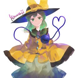 Rule 34 | 1girl, arms at sides, black hat, blouse, blush, blush stickers, bow, buttons, closed mouth, commentary, cowboy shot, diamond button, frilled shirt collar, frilled sleeves, frills, green eyes, green hair, green skirt, hat, hat bow, head tilt, heart, heart of string, komeiji koishi, looking at viewer, medium hair, o (crazyoton46), shirt, simple background, skirt, sleeves past fingers, sleeves past wrists, smile, solo, standing, third eye, touhou, translucent, very long sleeves, wavy hair, white background, wide sleeves, yellow bow, yellow shirt