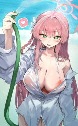 Rule 34 | 1girl, absurdres, ahoge, bikini, bikini under clothes, blue archive, blush, breasts, cleavage, collarbone, green eyes, halo, hanako (blue archive), hanako (swimsuit) (blue archive), heart, highres, holding, holding hose, hose, huge ahoge, large breasts, long braid, looking at viewer, movik, no pants, official alternate costume, outdoors, pink bikini, pink hair, shirt, single bare shoulder, smile, solo, spoken heart, string bikini, swimsuit, water drop, wet, wet clothes, wet shirt, white shirt