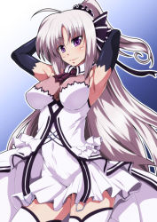 Rule 34 | 1girl, armpits, arms behind head, black gloves, blush, breasts, elbow gloves, gloves, highres, large breasts, long hair, looking at viewer, lyrical nanoha, purple eyes, rinne berlinetta, smile, solo, tappa (esperanza), thighhighs, vivid strike!, white hair, white thighhighs
