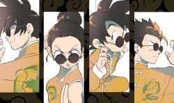 Rule 34 | 1girl, 3boys, black eyes, black hair, brothers, chi-chi (dragon ball), child, china dress, chinese clothes, commentary, dragon ball, dragon print, dragonball z, dress, family, father and son, fighting stance, frown, grin, hair bun, hair pulled back, high collar, highres, husband and wife, jacket, long sleeves, looking over eyewear, looking over glasses, matching outfits, mother and son, multiple boys, open mouth, orange jacket, orange pants, pants, print dress, print shirt, shirt, short hair, siblings, single hair bun, sleeveless, sleeveless dress, smile, son gohan, son goku, son goten, spiked hair, sunglasses, tangzhuang, tinted eyewear, v-shaped eyebrows, yukke (cocorikokke)