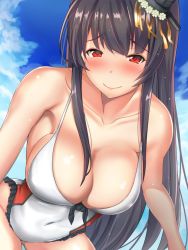 Rule 34 | 10s, 1girl, black hair, blush, breasts, fusou (kancolle), headgear, kantai collection, large breasts, long hair, navel, one-piece swimsuit, red eyes, shiny skin, smile, solo, swimsuit, untue