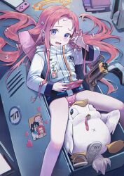 Rule 34 | 1girl, aris (blue archive), doodle sensei (blue archive), blue archive, blush, book, bow, cd, cellphone, controller, earphones, fang, forehead, game controller, gun, hair bow, halo, highres, holding, holding phone, jacket, long hair, long sleeves, looking at viewer, merong (sou47897), nintendo switch, open mouth, orange halo, panties, peroro (blue archive), phone, pink panties, purple eyes, red hair, sensei (blue archive), smartphone, solo, underwear, weapon, white bow, white jacket, yuzu (blue archive)