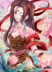 Rule 34 | 1girl, alternate costume, antatika, bell, bell earrings, breasts, brown eyes, brown hair, earrings, facial mark, fate/grand order, fate (series), flower, forehead mark, highres, jewelry, lotus, nezha (fate), one eye closed, small breasts, thighlet, twintails, wading, water