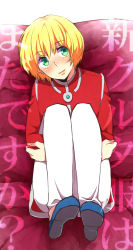 Rule 34 | 1boy, blonde hair, closed mouth, commentary request, earrings, hunter x hunter, jewelry, kurapika, looking at viewer, male focus, moyami, red eyes, smile, solo, text focus