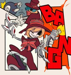 1girl avery_(skullgirls) bow cxdotchison cyborg dress frilled_dress frills george_the_bomb gloves grin gun handgun hat highres holding holding_gun holding_weapon one_eye_closed orange_hair peacock_(skullgirls) revolver short_hair skullgirls smile solo top_hat weapon