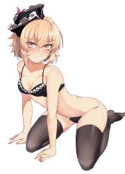Rule 34 | &gt;:(, 1girl, absurdres, agu (antyosan), ahoge, bare shoulders, black bra, black headwear, black panties, black thighhighs, blonde hair, blush, bra, breasts, closed mouth, collarbone, commentary request, eyelashes, female focus, frills, frown, full body, hands on ground, highres, looking at viewer, lunasa prismriver, navel, panties, short hair, simple background, sitting, small breasts, solo, stomach, sweatdrop, thighhighs, touhou, underwear, v-shaped eyebrows, wariza, white background, yellow eyes