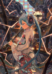 Rule 34 | 1girl, adapted costume, blue eyes, blue hair, bridge, cloud, commentary, curtains, electricity, feet out of frame, floral print, flower, from side, furisode, hair ornament, hairclip, hatsune miku, headphones, instrument, instrument request, japanese clothes, kimono, lantern, leaf, long sleeves, lsu (lowmoo98), maple leaf, music, obi, paper lantern, playing instrument, plum blossoms, profile, sash, solo, standing, twintails, vocaloid, white kimono