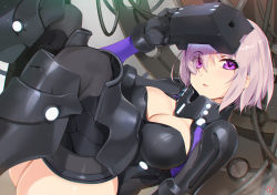 Rule 34 | 1girl, adjusting clothes, adjusting headwear, armor, ass, black leotard, black thighhighs, breastplate, breasts, cable, cleavage, cleavage cutout, clothing cutout, collar, commentary request, cuffs, elbow gloves, eyes visible through hair, fate/grand order, fate (series), from side, gloves, gorget, gradient background, greaves, grey background, hair over one eye, head-mounted display, head tilt, headgear, knees up, large breasts, leotard, light purple hair, looking at viewer, mash kyrielight, mash kyrielight (ortenaus), orthenaus, parted lips, pauldrons, purple eyes, shield, short hair, shoulder armor, solo, thighhighs, thighs, white background, yd (orange maru)