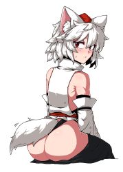 Rule 34 | 1girl, animal ear fluff, animal ears, ass, bare shoulders, blouse, blush, detached sleeves, formicid, from behind, hair between eyes, hat, highres, inubashiri momiji, red eyes, red hat, shirt, short hair, skirt, solo, tail, tokin hat, touhou, white hair, white shirt, wolf ears, wolf tail
