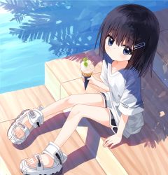 Rule 34 | 1girl, black hair, black shorts, blue eyes, closed mouth, commentary request, food, full body, hair between eyes, hair ornament, hairclip, holding, holding food, ice cream, ice cream cone, looking at viewer, original, sandals, shirt, short shorts, short sleeves, shorts, sitting, solo, water, white footwear, white shirt, yuuhagi (amaretto-no-natsu)