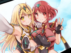 Rule 34 | 2girls, absurdres, bare shoulders, black gloves, blonde hair, breasts, chest jewel, cleavage, cleavage cutout, clothing cutout, dress, earrings, elbow gloves, fingerless gloves, gloves, headpiece, highres, jewelry, kurokaze no sora, large breasts, long hair, multiple girls, mythra (xenoblade), pyra (xenoblade), red eyes, red hair, short hair, swept bangs, tiara, very long hair, white dress, white gloves, xenoblade chronicles (series), xenoblade chronicles 2, yellow eyes