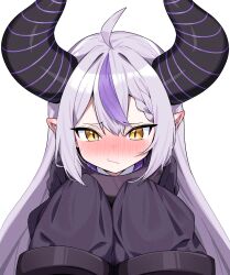 Rule 34 | 1girl, black dress, blush, braid, braided bangs, brown eyes, closed mouth, dated commentary, demon horns, dress, grey hair, hair between eyes, highres, hololive, horns, la+ darknesss, long sleeves, looking at viewer, multicolored hair, nose blush, pointy ears, purple hair, simple background, sleeves past fingers, sleeves past wrists, solo, streaked hair, tosyeo, upper body, virtual youtuber, white background