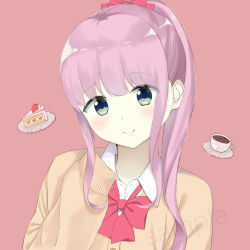 Rule 34 | 1girl, 7 calpis 7, blue eyes, blush, bow, brown cardigan, cake, cake slice, cardigan, closed mouth, coffee, collared shirt, commentary request, cup, dress shirt, food, fruit, hair bow, hand up, head tilt, long hair, long sleeves, original, pink background, pink hair, ponytail, red bow, sample watermark, school uniform, shirt, sidelocks, simple background, sleeves past fingers, sleeves past wrists, smile, solo, strawberry, watermark, white shirt