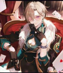 Rule 34 | 1boy, aqua shirt, aventurine (honkai: star rail), black gloves, black jacket, blonde hair, bracelet, card, cleavage cutout, clothing cutout, couch, cup, drinking glass, earrings, fur trim, glasses, gloves, hair between eyes, highres, holding, holding card, honkai: star rail, honkai (series), jacket, jewelry, looking at viewer, male focus, on couch, one eye closed, pectoral cleavage, pectorals, playing card, purple eyes, ring, ru gxs, shirt, short hair, solo, watch, wine glass, wristwatch