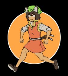 Rule 34 | 1girl, :3, absurdres, brown footwear, brown hair, chanta (ayatakaoisii), chen, elbow sleeve, flat chest, green hat, hat, high collar, highres, mob cap, mole, mole under eye, no socks, popped collar, red skirt, red vest, shirt, shoes, skirt, slit pupils, solo, tail, touhou, vest, walking, white shirt