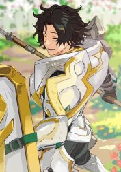 Rule 34 | 1boy, armor, black hair, bush, closed eyes, fire emblem, fire emblem engage, full armor, green background, highres, holding, holding shield, knight, louis (fire emblem), mikami, nintendo, outdoors, plate armor, polearm, shield, shoulder armor, smile, spear, weapon