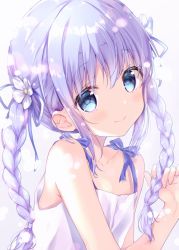 Rule 34 | 1girl, amedamacon, bare shoulders, blue eyes, blue hair, blue ribbon, blush, braid, camisole, closed mouth, collarbone, commentary request, fingernails, flower, gochuumon wa usagi desu ka?, grey background, hair between eyes, hair flower, hair ornament, hair ribbon, hand up, kafuu chino, long hair, looking at viewer, ribbon, sidelocks, simple background, smile, solo, twin braids, twintails, very long hair, white camisole, white flower