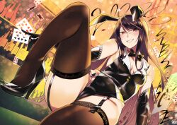 Rule 34 | 1girl, absurdres, bare shoulders, black gloves, black thighhighs, breasts, brown hair, card, elbow gloves, eyebrows hidden by hair, gloves, gundou mirei, high heels, highres, holding, holding card, leg up, leotard, long hair, looking at viewer, medium breasts, nana g, nijisanji, playboy bunny, poker chip, poker table, sitting, sitting on table, smile, solo, table, thighhighs, virtual youtuber, yellow eyes