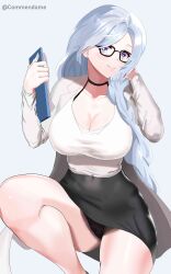 Rule 34 | 1girl, absurdres, alternate costume, bare legs, bespectacled, black-framed eyewear, black choker, black panties, black skirt, breasts, choker, clipboard, commandame, commentary request, genshin impact, glasses, grey background, grey eyes, grey hair, hands up, highres, holding, holding clipboard, large breasts, long hair, looking at viewer, miniskirt, panties, pencil skirt, shenhe (genshin impact), shirt, simple background, skirt, solo, thighs, underwear, very long hair, white shirt