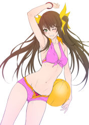 Rule 34 | 10s, 1girl, arm up, armpits, bad id, bad pixiv id, ball, beachball, bikini, blush, bracelet, breasts, brown hair, cleavage, covered erect nipples, green eyes, grin, hair ribbon, highres, huang lingyin, infinite stratos, jewelry, long hair, navel, one eye closed, pink bikini, ribbon, short shorts, shorts, smile, solo, swimsuit, twintails, unbuttoned, white background, zucchini