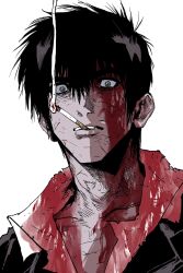 Rule 34 | 1boy, absurdres, black hair, black jacket, blood, blood on clothes, blood on face, cigarette, collared shirt, grey eyes, highres, jacket, looking at viewer, male focus, mouth hold, my nameisyoon, nicholas d. wolfwood, portrait, shirt, short hair, simple background, smoking, solo, trigun, white background, white shirt