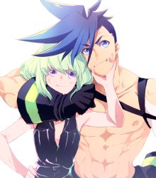 Rule 34 | 2boys, apri bot, arm around shoulder, blue eyes, blue hair, galo thymos, green hair, hand on another&#039;s face, injury, lio fotia, looking at viewer, multiple boys, muscular, promare, purple eyes, scratches, topless male, simple background, smile, yaoi