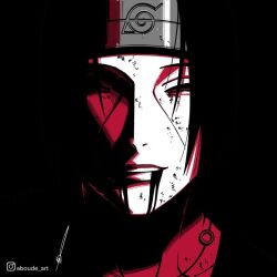 Rule 34 | 1boy, aboude art, artist name, black eyes, black hair, blood, blood from mouth, closed eyes, commentary, facial mark, forehead protector, hair between eyes, injury, instagram logo, instagram username, konohagakure symbol, limited palette, male focus, naruto, naruto (series), signature, smile, solo, spot color, teeth, uchiha itachi