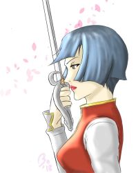 Rule 34 | 1girl, closed mouth, grandia, grandia xtreme, lipstick, makeup, short hair, simple background, solo, sword, weapon