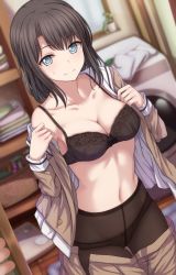 Rule 34 | 1girl, bang dream!, black bra, black hair, black pantyhose, blue eyes, blurry, blurry background, bra, breasts, brown skirt, cleavage, closed mouth, clothes pull, collarbone, cowboy shot, highres, indoors, long hair, looking at viewer, medium breasts, narafume, okusawa misaki, open clothes, open skirt, panties, panties under pantyhose, pantyhose, pleated skirt, sailor collar, sideboob, skirt, skirt pull, solo, standing, sweatdrop, underwear, undressing, white sailor collar