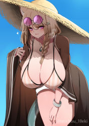 Rule 34 | 10eki (tenchou), 1girl, absurdres, animal ear fluff, aqua nails, arknights, bare legs, bent over, bikini, bikini top only, braid, breasts, cleavage, coat, collarbone, commentary request, cowboy shot, curvy, eyewear on head, fang, hanging breasts, hat, highres, huge breasts, light brown hair, long hair, looking at viewer, nail polish, open mouth, paid reward available, purple-tinted eyewear, purple eyes, revision, skin fang, sky, smile, straw hat, striped bikini, striped clothes, sun hat, sunglasses, swept bangs, swimsuit, tinted eyewear, twin braids, utage (arknights), utage (summer flowers) (arknights), vertical-striped bikini, vertical-striped clothes
