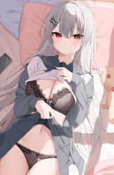 Rule 34 | 1girl, bed sheet, black bra, black panties, blue sailor collar, blush, bra, breasts, cellphone, cleavage, closed mouth, clothes lift, commentary request, grey hair, grey skirt, hair between eyes, hair ornament, kamu (geeenius), lifting own clothes, long hair, long sleeves, looking at viewer, lying, medium breasts, navel, on back, original, panties, phone, pillow, red eyes, sailor collar, school uniform, skirt, skirt lift, solo, stuffed animal, stuffed toy, teddy bear, underwear, x hair ornament