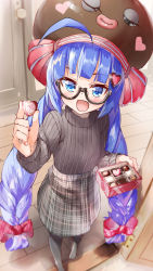 Rule 34 | blue eyes, blue hair, bow, box, box of chocolates, braid, brown headwear, brown sweater, chocolate, commentary request, daidou (demitasse), door, doorway, eel hat, fang, food, glasses, hair bow, hair ornament, heart, heart-shaped food, heart hair ornament, highres, holding, holding chocolate, holding food, indoors, long hair, looking at viewer, one eye closed, open mouth, otomachi una, pantyhose, plaid, plaid skirt, red bow, ribbed sweater, semi-rimless eyewear, skirt, solo, sweater, twin braids, valentine, very long hair, vocaloid, wooden floor
