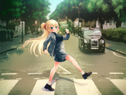 Rule 34 | 1girl, abbey road, akai haato, alternate costume, aqua eyes, black shirt, blonde hair, blush, breasts, closed mouth, from side, full body, hair between eyes, hair ornament, half updo, heart, heart hair ornament, high-waist shorts, highres, hololive, jacket, large breasts, long hair, looking at viewer, looking to the side, magowasabi, medium breasts, shirt, shoes, shorts, smile, solo, turtleneck, virtual youtuber, walking