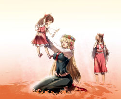 Rule 34 | 3girls, age difference, aged up, blonde hair, blush, bow, breasts, brown hair, carrying, child, detached sleeves, female focus, hair bow, hair tubes, hakurei reimu, happy, head wreath, highres, impossible clothes, kneeling, large breasts, long hair, m.u.g.e.n, mary janes, mask, multiple girls, naruto, naruto (series), necktie, open mouth, original, parody, ponytail, q azieru, rumia, sendai hakurei no miko, shoes, size difference, skirt, skirt set, smile, standing, touhou