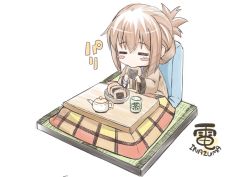 Rule 34 | 10s, 1girl, = =, blush stickers, brown hair, character name, commentary request, cookie, cup, eating, closed eyes, folded ponytail, food, food in mouth, fujishima shinnosuke, hanten (clothes), inazuma (kancolle), kantai collection, kotatsu, long hair, long sleeves, ponytail, senbei, sitting, solo, table, tatami, teacup, teapot, under kotatsu, under table, yunomi, zaisu