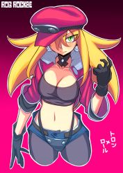 Rule 34 | 1girl, artist name, bandeau, black gloves, breasts, cleavage, earrings, female focus, fusion, gloves, gradient background, green eyes, hair over one eye, hat, jewelry, large breasts, lips, looking at viewer, mega man (series), mega man legends (series), midriff, navel, pantyhose, pink background, red background, rog rockbe, roll caskett (mega man), short shorts, shorts, solo, strapless, suspenders, translation request, tron bonne (mega man), tube top