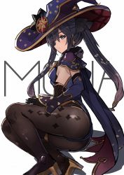Rule 34 | 1girl, ass, black hair, black pantyhose, bodystocking, bodysuit, breasts, detached sleeves, genshin impact, gloves, green eyes, hat, high heels, highres, mona (genshin impact), pantyhose, small breasts, solo, squatting, the olphy, thick thighs, thighs, twintails, witch, witch hat