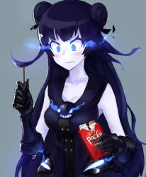Rule 34 | 10s, 1girl, abyssal ship, bad id, bad pixiv id, bare shoulders, black hair, blue background, blue eyes, blush, colored skin, double bun, food, gauntlets, glowing, glowing eyes, hair bun, kantai collection, light cruiser oni, long hair, pocky, simple background, sleeveless, solo, weasel (close-to-the-edge), white skin
