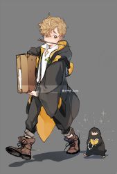 Rule 34 | 1boy, aged down, bad id, bad twitter id, blonde hair, boots, briefcase, coin, curly hair, fantastic beasts and where to find them, freckles, green eyes, grey background, harry potter (series), hogwarts school uniform, hogwarts uniform, male focus, mouth hold, newt scamander, niffler, school uniform, simple background, solo, sonnet form, suspenders, twitter username, walking, wand, wizarding world