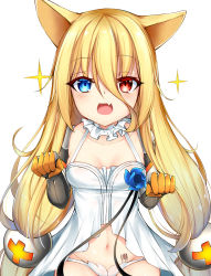 Rule 34 | 1girl, :d, animal ears, babydoll, barcode, barcode tattoo, blue eyes, blush, breasts, chixiao, collar, collarbone, commentary request, fang, flower, fox ears, frilled collar, frills, g41 (girls&#039; frontline), gauntlets, girls&#039; frontline, hair between eyes, heterochromia, highres, long hair, looking at viewer, low-tied long hair, low twintails, medium breasts, navel, open mouth, panties, red eyes, red flower, simple background, smile, solo, sparkle, tattoo, twintails, underwear, very long hair, white background, white panties