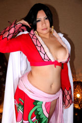 Rule 34 | 1girl, asian, black hair, blue eyes, boa hancock, boa hancock (cosplay), breasts, chouzuki maryou, cosplay, hip focus, large breasts, one piece, photo (medium), plump, solo, thick thighs, thighs, wide hips