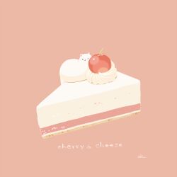 Rule 34 | cat, chai (drawingchisanne), cheesecake, cherry, commentary request, english text, food, food focus, fruit, no humans, on food, original, pink background, signature, sitting on food, still life, undersized animal, whipped cream