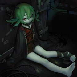 Rule 34 | 1girl, :3, barefoot, black jacket, blood, collar, feet, female focus, green hair, hair between eyes, hair ornament, hairclip, highres, jacket, looking at viewer, on ground, open clothes, open jacket, original, oversized clothes, pale skin, red eyes, sitting, sleeves past wrists, soles, solo, tile floor, tiles, toes, uneven eyes, v1v404