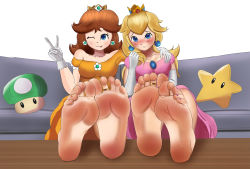 Rule 34 | 1-up mushroom, 2girls, absurdres, barefoot, blonde hair, blue eyes, blush, brown hair, crown, dress, earrings, feet, foot focus, gloves, hatty penguin, highres, jewelry, long hair, looking at viewer, mario (series), multiple girls, nail polish, nintendo, one eye closed, pink dress, pink nails, princess daisy, princess peach, sitting, smile, soles, super star (mario), super mario bros. 1, super mario land, toenail polish, toenails, toes, tongue, tongue out, v, yellow dress, yellow nails