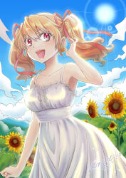 Rule 34 | 1girl, blonde hair, blue sky, breasts, cloud, collarbone, commentary request, dress, earrings, flower, flower earrings, hair ribbon, jewelry, kimura pikoriino, medium breasts, mountain, open mouth, original, red eyes, ribbon, sky, smile, solo, sun, sundress, sunflower, twintails, twitter username, white dress