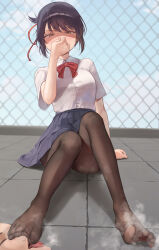 Rule 34 | 1boy, 1girl, black hair, blue skirt, bow, bowtie, brown eyes, brown pantyhose, commission, day, dorsiflexion, eyelashes, feet, foot focus, full body, hand up, high-waist skirt, highres, kimi no na wa., knees up, legs, licking, licking foot, looking at viewer, miniskirt, miyamizu mitsuha, on ground, out of frame, outdoors, pantyhose, pleated skirt, red bow, red bowtie, rryiup, school uniform, see-through, see-through legwear, shaded face, shadow, shirt, short sleeves, sidelocks, sitting, skirt, smell, steaming body, toenails, toes, tongue, tongue out, white shirt