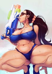 Rule 34 | 1girl, 2020, absurdres, areola slip, artist name, bad id, bad pixiv id, bare shoulders, belly, bikini, blue bikini, blue footwear, breasts, brown eyes, brown hair, commentary, covered erect nipples, dated, fingernails, gofa, highres, large breasts, licking, long fingernails, long hair, looking at viewer, nail polish, navel, orange-tinted eyewear, orange-tinted glasses, original, phallic symbol, plump, ponytail, puffy nipples, sexually suggestive, signature, solo, squatting, sunglasses, sweat, swimsuit, thick thighs, thighhighs, thighs, tinted eyewear, tongue, tongue out, water gun, yellow-tinted eyewear, yellow-tinted glasses